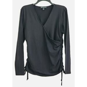 TOP/BLOUSE-INC-INTERNATIONAL CONCEPTS-Black-Low V-Neck-Cross Over-Gathering-LRG